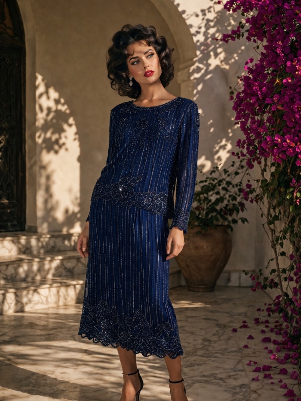 Vintage Mark & John II 100% Silk Beaded Sequin Skirt Set Sapphire Blue Midi M